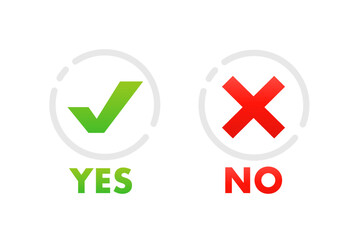 Tick and cross icons. Yes and no sign.test concept. Finding the answer. Dos and don'ts. Isolated on a white background. Vector illustration