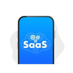 Saas icon with cloud, SAAS cloud computing. Software as a service for Internet storage on a smartphone. Digital web server and data center services logo. Vector illustration