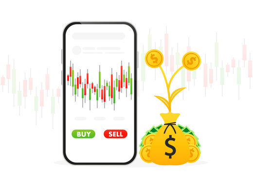 Financial chart on the phone with a bag of money,Financial investments. Money grows. Concept of financial management. Smartphone and coins, shares of companies, cryptocurrencies. Vector illustration