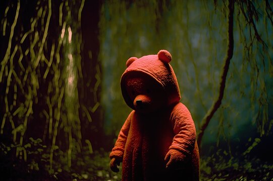 red teddy bear in the tropical jungle. Generative AI
