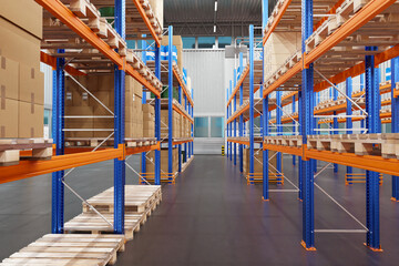 Storehouse interior. Passage between racks with boxes. Steel shelves with pallets. Parcels are stored inside storehouse. Storehouse rental concept for business. Multi-tier racks in hangar. 3d image.