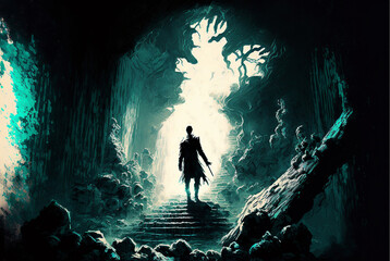 Fototapeta premium silhouette of a person in a cave AI