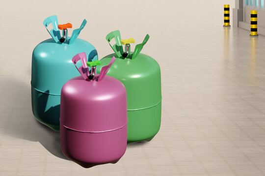 Freon balloon. Conditioner filling equipment. Multicolored freon balloon on ground near building. Freon gas for climate technology. Split technology. Freon gas balloon production concept. 3d image.