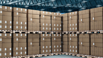 Warehouse with boxes. Pallets with parcels inside hangar. Logistics warehouse courier company....