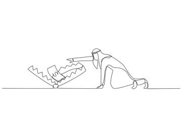 Drawing of arab man crawling into money trap. Single continuous line art style