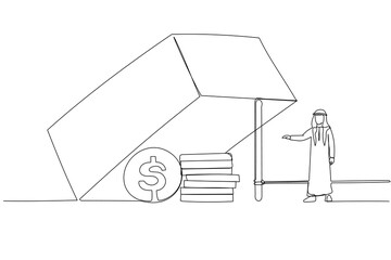 Cartoon of arab man trying to reach dollar profit in the trap metaphor of business risk. One line art style
