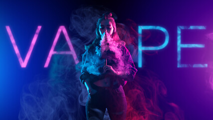 Woman with electronic cigarette in her hand. Logo near smoker girl. Model uses vape device. Woman vaper. Vape hobby. Pretty girl is vaping. Vaper releases steam from nose. Concept quitting nicotine