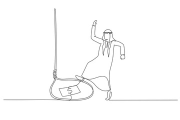Drawing of arab man tricked with money bait get trap because greedy. Single line art style