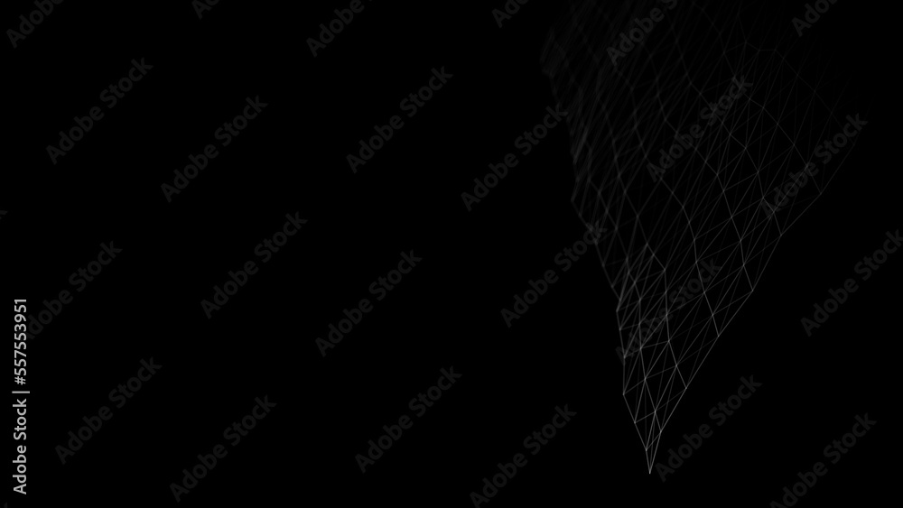 Poster Wave of digital particles on a black background. Abstract interlacing lines and points. Digital connection of elements. Simulation of the movement of small particles. 3D rendering.
