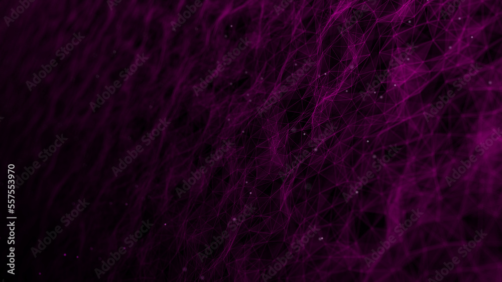 Poster Futuristic wave with lines and dots. Abstract background with a dynamic wave. Particle placement with hanging dots in space. Large data background. 3d rendering.