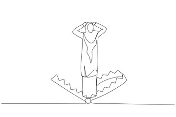 Obraz premium Cartoon of muslim business woman standing being caught in mouse trap metaphor of business risk. Single continuous line art