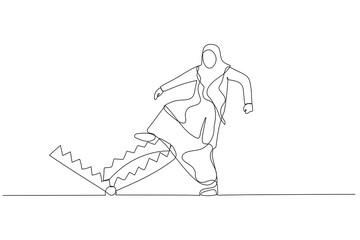 Obraz na płótnie Canvas Illustration of muslim business woman carefully walk into mouse trap concept business risk. Single continuous line art style