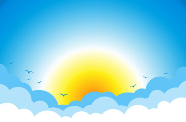 Fototapeta na wymiar Blue sky with clouds and rising or down yellow sun. Vector background