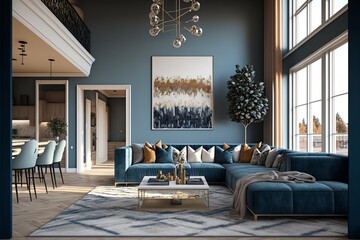 A modern living room,  in a minimalist millenium crib, high ceiling and filled with warm blue and khaki colour as the wall blend in with the design of the furniture. 
