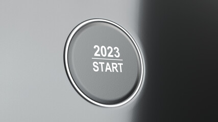 Start 2023. Happy New Year button. 3D illustration