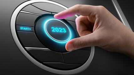 Start 2023. Happy New Year button. 3D illustration