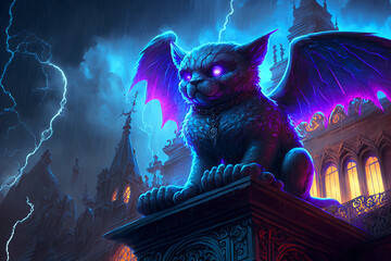 spooky light gargoyle with glowing eyes sitting on top of a Gothic cathedral. Generative AI	