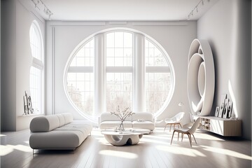 Aesthetic sculptural minimal white modern living room with light wood floors, tall windows, and minimal round sculptural furniture