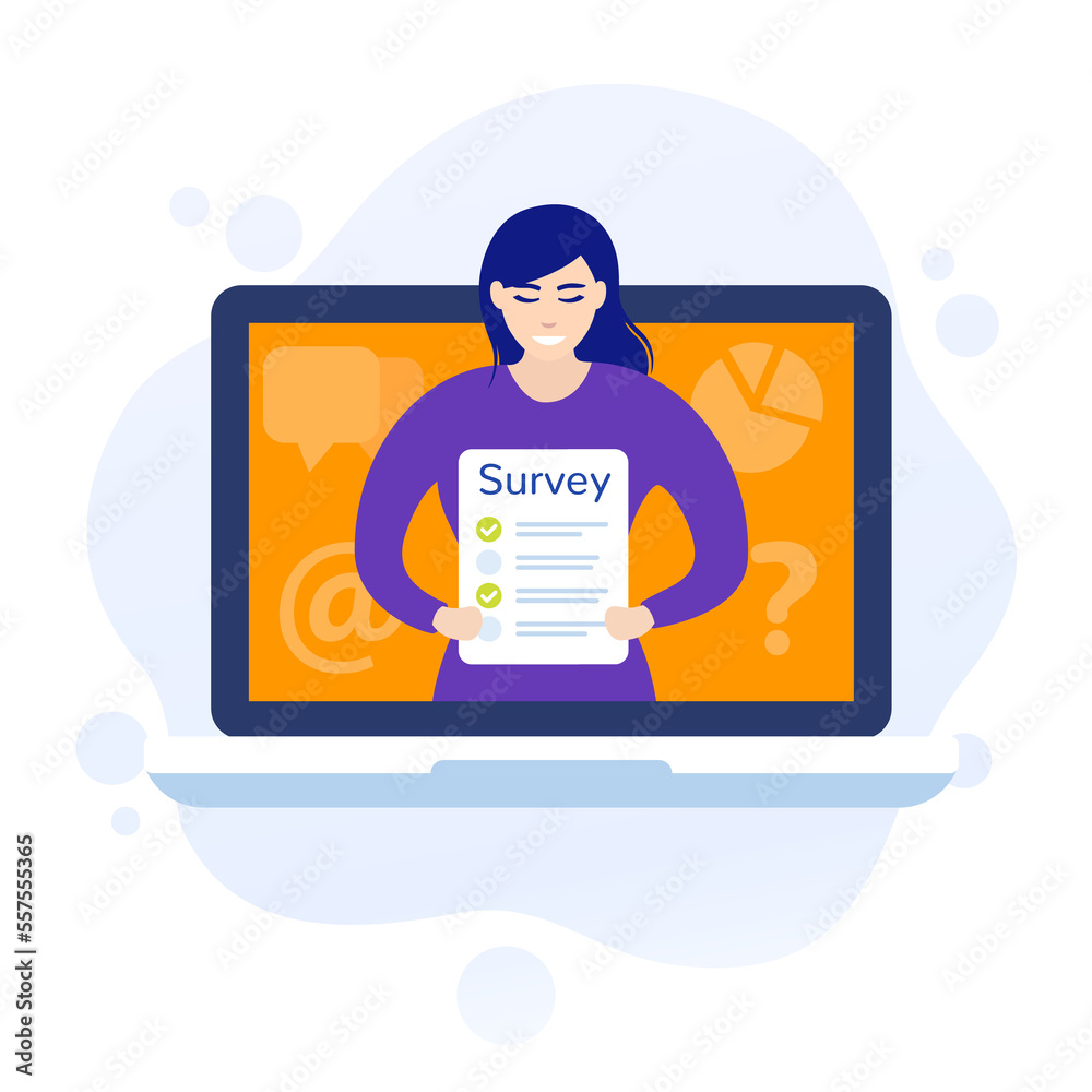 Sticker online survey illustration with woman