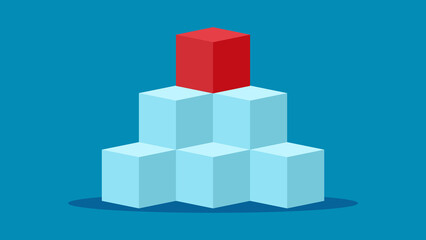 Six cubes and one red cube stacked on a blue background. concept of leadership vector