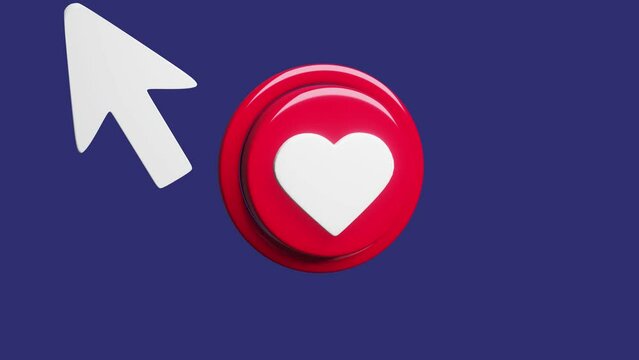 White cursor clicks on the red button with a heart 3d render. High quality 4k animation