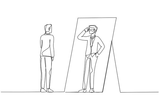 Drawing of businessman looking into self putting eyegless looking cool. Continuous line art