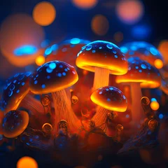 Fotobehang macro of mushrooms illuminated with bokeh. generative ai © ArgitopIA