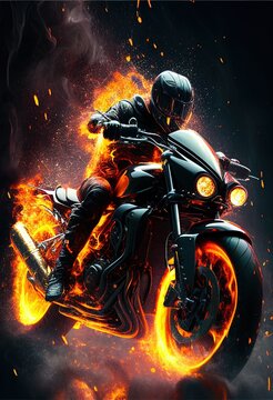 A motorcycle on fire.  Ai Generative