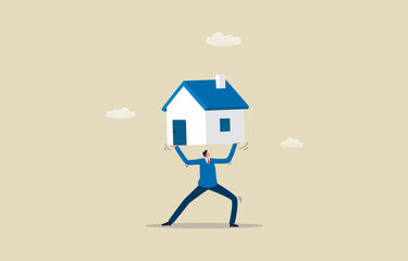 Fototapeta na wymiar Real estate and high debt home mortgages. Businessman Carrying a House. Illustration