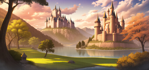 Naklejka premium Fantastic Landscape. A castle on a hill by a lake. The mountains on the horizon. Wallpaper. Illustration of a fairy tale.