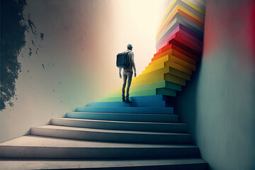 man going up the rainbow colored stairs, front view. Generated AI