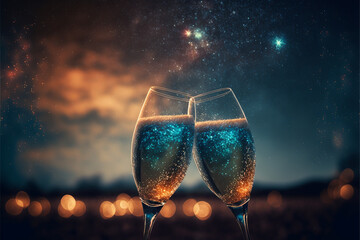 Champagne glasses in front of a cloudy night sky, blurred background with bokeh, turqoise bubbles