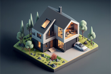 Illustrated 3D icon representation of a isometric modern house – Create with generative AI technology - obrazy, fototapety, plakaty