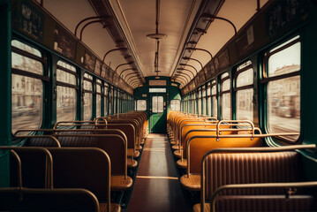 nostalgic tram interior view, front view. Generated AI