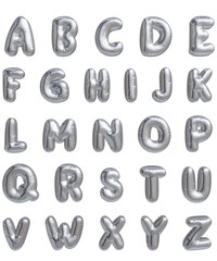 Silver alphabet letters in 3d metallic balloon shape.