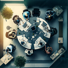 Top view of business people working in office. Bird's eye view of people meeting in the office. Created with Generative AI technology.