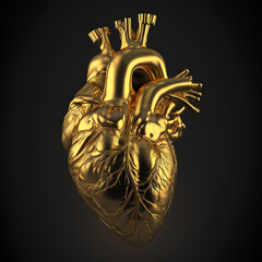 A golden human heart, a detailed human heart. Created with Generative AI technology.
