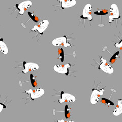 seamless pattern of Halloween hand-drawn ghosts sit on chairs at the table and drink tea