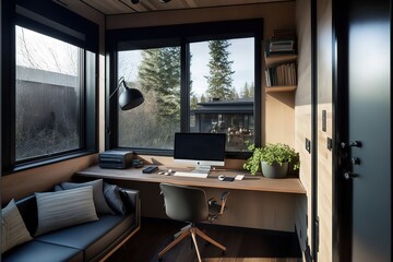 Home office on the second floor of the small house in Seattle. Generative AI