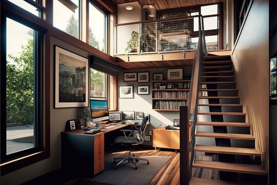 Home office on the second floor of the small house in Seattle. Generative AI