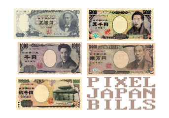 Vector set of paper pixel banknotes of Japan. Japanese fiat money in denominations from 500 to 10000 yen. - obrazy, fototapety, plakaty