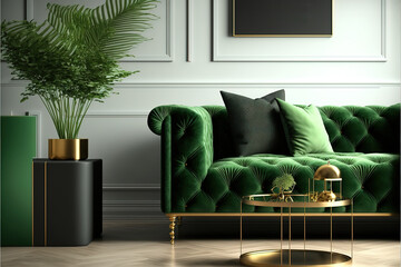 Luxury living room in house with modern interior design, green velvet sofa, coffee table, pouf, gold decoration, plant, lamp, carpet, mock up poster frame and elegant accessories. Generative AI