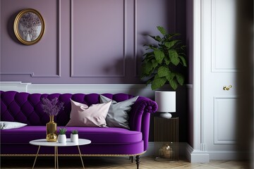 Purple room with sofa. Living room interior. Scandinavian interior. Generative AI