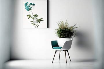 Chair, armchair in front of white wall. Background and flower pot.Empty wall. Generative AI