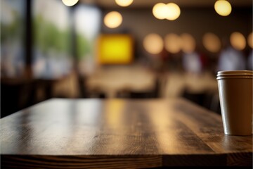 Selected focus empty brown wooden table and Coffee shop or restaurent blur background with bokeh image. for your photomontage or product display. Generative AI