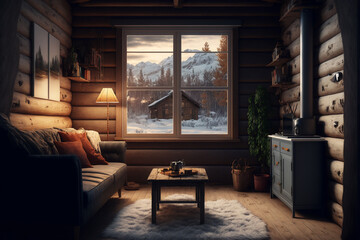 Illustration of a cozy wooden cabin in winter.