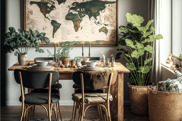 Stylish and botany interior of dining room with design craft wooden table, chairs, a lof of plants, big window, poster map and elegant accessories in modern home decor. Generative AI