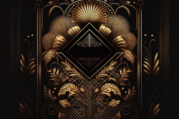 Elegant modern golden leaves frame on a black background. 