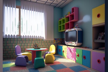 Game room. Kindergarten, interior of new premises. Close-up. Generative AI