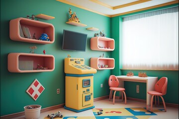 Game room. Kindergarten, interior of new premises. Close-up. Generative AI